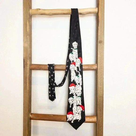 Addiction Mens Christmas Dalmation Puppies Dogs Tie 100% Silk Hand Made Vintage - Picture 1 of 8